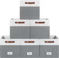 FinishingBo 13 inch Storage Bins with Labels 6 Pack | PU Leather Handles, Foldable Storage Cubes, Storage Baskets, Closet Storage, White/Dark Grey