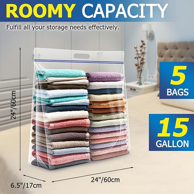 15 Gallon Large Storage Bags, 3.5 Mil Thick Clear Plastic Zipper Bags with Handles, 24" x 24" Large Heavy Duty for Home, Travel, and Moving (5 Packs)