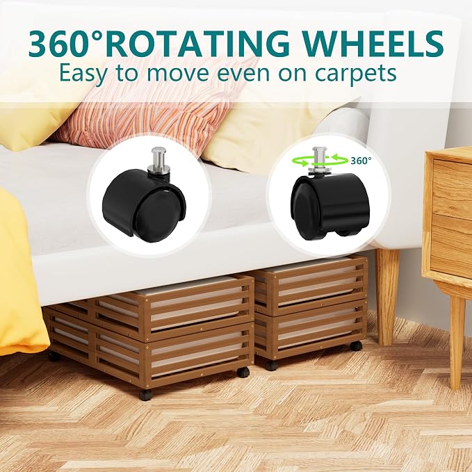 Wisuce 2 Packs Bamboo Under Bed Storage Organizer with Wheels Brown Small | 360° Lockable Wheels,120lbs Load Capacity, Multi-scene ,Dustproof Clear Storage Bag, Large Capacity,Easy Quick Assembly