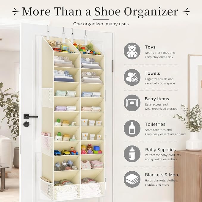 Criusia Over the Door Shoe Organizer, 20-30 Pairs Heavy-Duty Hanging Shoe Storage with Large Pockets, 10-Tier Door Shoe Rack with 4 Hooks for Sneakers Sandals Heels Boots (Beige)