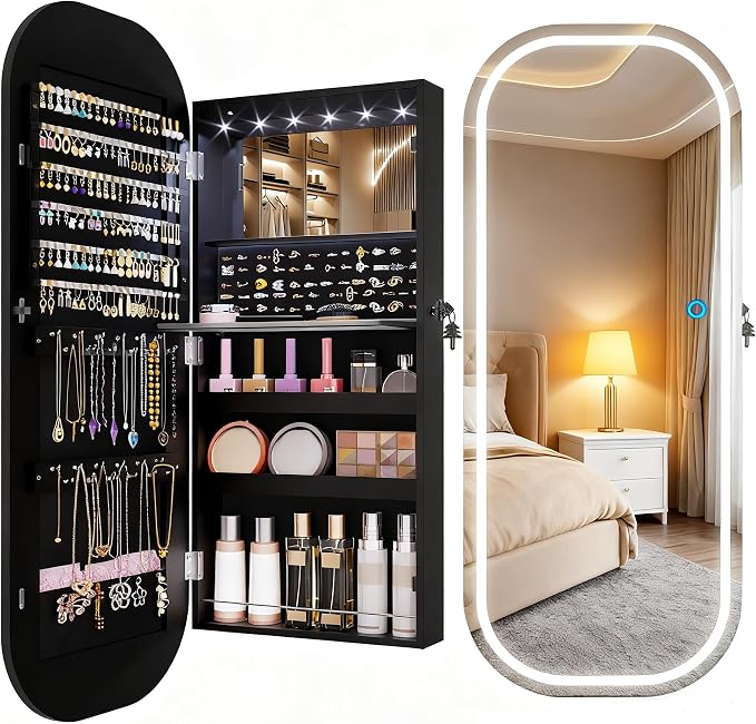 LVSOMT LED Mirror Jewelry Cabinet, Wall/Door Jewelry Organizer, 16" W Black | Lockable Jewelry Armoire with Full Length Mirror, 65 Ring and 108 Earring Slots, Foldable Shelf, Rounded Corner