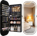 LVSOMT LED Mirror Jewelry Cabinet, Wall/Door Jewelry Organizer, 16" W Black | Lockable Jewelry Armoire with Full Length Mirror, 65 Ring and 108 Earring Slots, Foldable Shelf, Rounded Corner