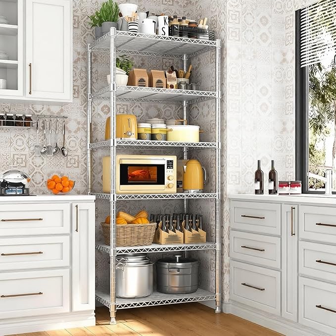 Xcity Storage Shelves, 6 Tier Heavy Duty Metal Shelving Unit, 2400 LBS Adjustable Steel Wire Shelf for Commercial, Pantry, Kitchen, Garage, 14" D x 30" W x 70" H, Chrome