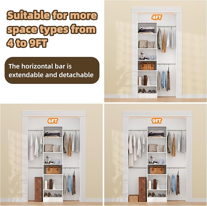 Closet System, 3Ft-5Ft Closet Organizer System With Adjustable Shelves, Walk-In Closet Storage System With 5 Expandable Hanging Rods, Adjustable Cloth Garment Rack from 3 to 5FT, White