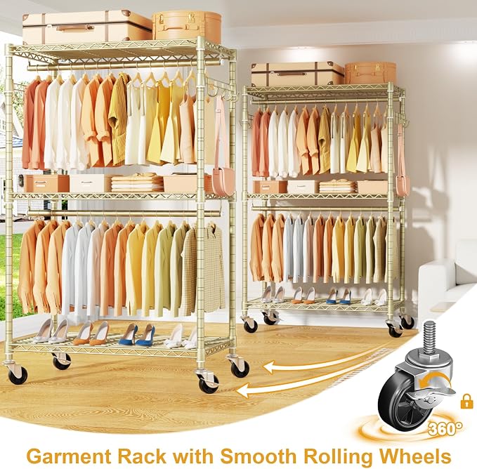 ULIFHOME P1 Rolling Clothes Rack, Portable Wardrobe Closet with Wheels, Heavy-Duty Closet Clothing Rack for Hanging Clothes, 35.5" W x 15.7" D x 80.5" H, Hold 500lbs, Gold