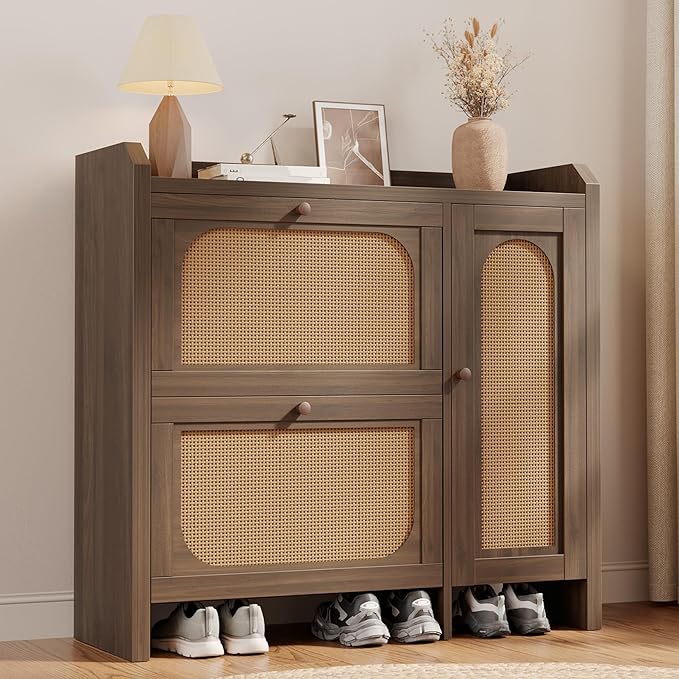 Mericonia Shoe Cabinet Storage for Entryway with 2 Flip Drawers(3-Tier), Rattan Freestanding with Door & 3 Adjustable Shelve,Hidden Shoe Rack Organizer for Hallway, Foyer