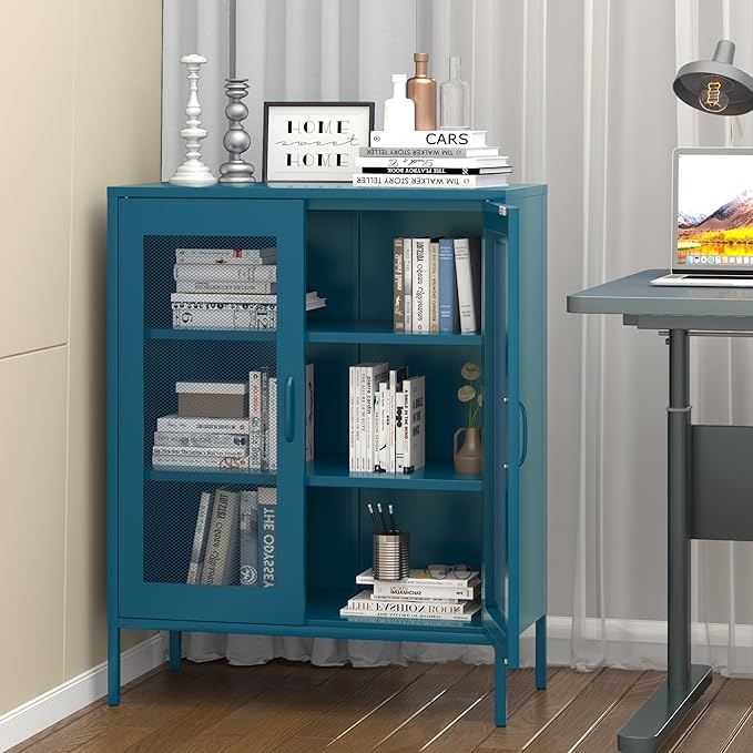 Ustamio Blue Metal Storage Cabinet with Mesh Doors, Small Office Storage with 2 Adjustable Shelves, Accent Metal Locker for Home, Office, Living Room, Hallway