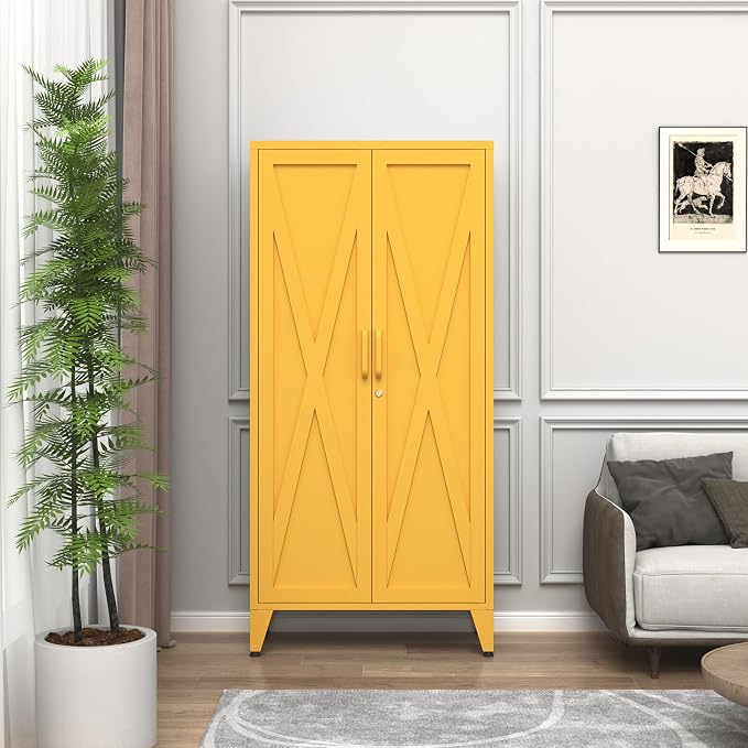 61'' Tall Metal Pantry Cabinet with Lock and 3 Adjustable Shelves,Freestanding Heavy Duty Steel Storage Locker, Yellow Metal Cabinets for Kitchen,Living Room,Laundry,Garage