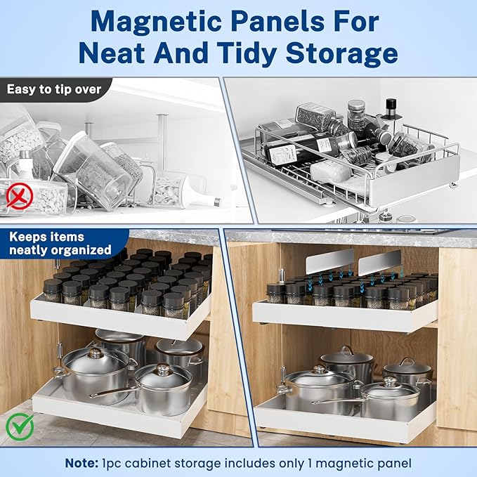 2 Pack Pull Out Cabinet Organizer Expandable Width(12.2"-20.47") & 21"Deep, Insputer No Drill Adhesive Slide Out Drawers with Upgrade 3 Slide Rails, Magnetic Panel, Roll Out Shelf for Kitchen, Pantry