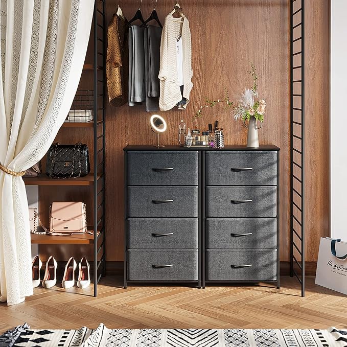 ODK Small Dresser for Bedroom with 4 Storage Drawers, Dark Grey | Dresser Chest of Fabric Drawers with Sturdy Steel Frame for Small Space, Wood Top