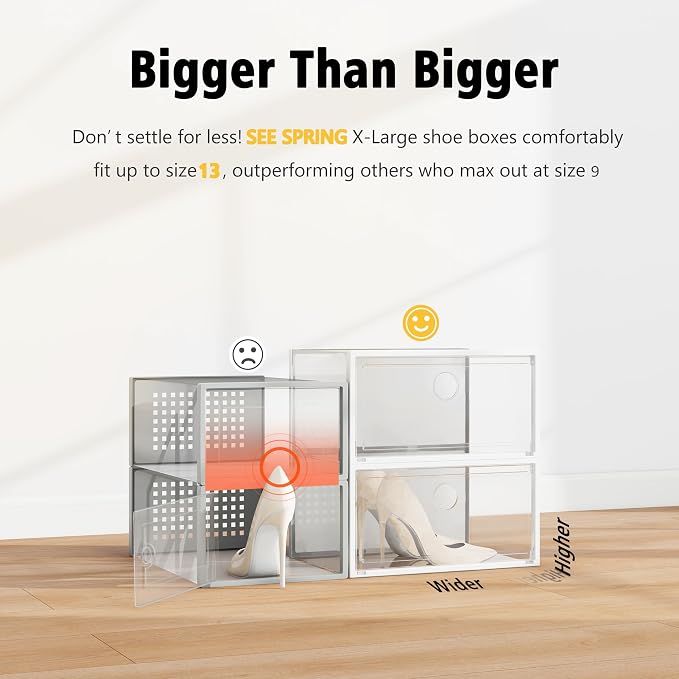 SEE SPRING XX-Large Shoe Storage Box Fit Size 13, Clear Plastic Stackable Shoe Organizer for Closet, Space Saving Sneaker Shoe Rack Containers Bins Holders for Entryway, Under Bed, 12 Pack Clear