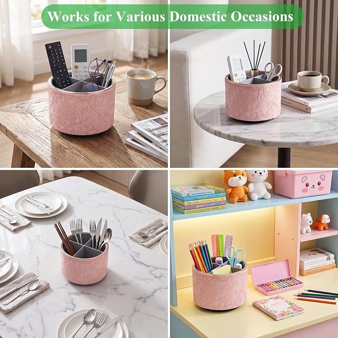 Remote Control Holder, 360°Spinning PU Leather Desk TV Remote Caddy,Desk Storage Box Room Accessories for Controller, Media,Mail,Calculator, Mobile Phone,Pencil(1B-Golden Pink)