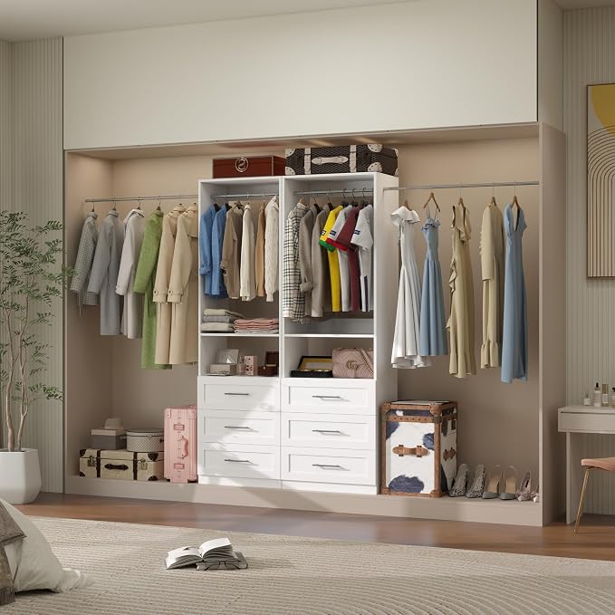 Modular Closet System with 12 Drawers, 8FT Engineered Wood Closet Organizer System for Walk-in Closet, Storage Unit with 8 Extendable Hanging Rods, White (Set of 4)