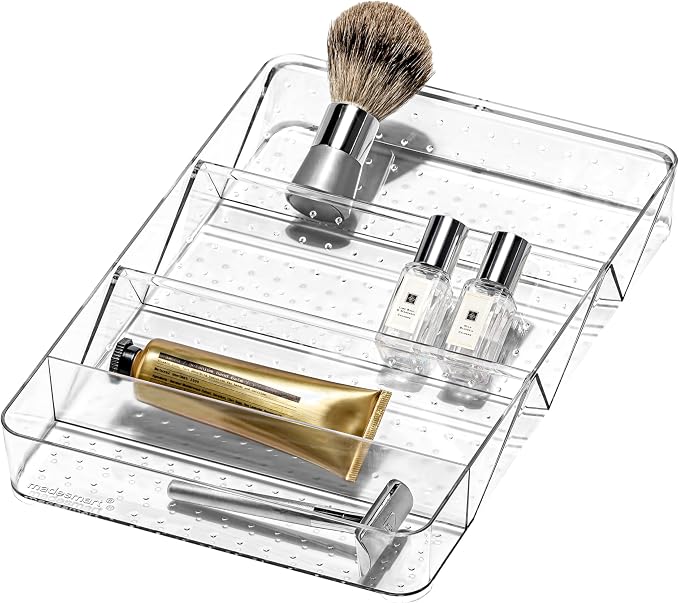 madesmart Angled Storage Tray, Make-up Bathroom Organizer, Lipstick, Razors, Q-Tips, Bath Essentials Angled for Easy-Viewing, Large, Clear