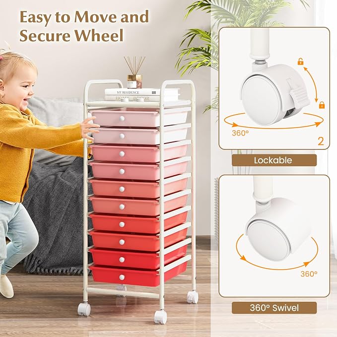 DREAMADE Rolling Cart with Storage Drawers, Utility Cart with Removable Plastic Drawers, Lockable Wheels, Art Cart for Classroom Organization Art Supplies Office Scrapbook (10 Drawers, Mixed-pink)