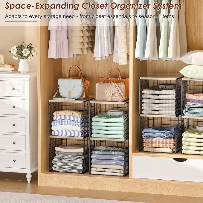 Hencawima 4-Tier Stackable Closet Organizers and Storage, Dual-Layer Reinforced Clothing Cube Shelves with Wood Tops, Sturdy Clothes Storage Bins & Shelf Basket for Wardrobe, Closet Organizer System