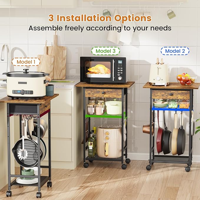 Microwave Cart, 4-Tier Microwave Stand with Adjustable Shelf | Kitchen Storage Cart on Wheels, Coffee Bar Cart Shelf for Living Room, Kitchen Island, Office, Balcony, Rustic Brown