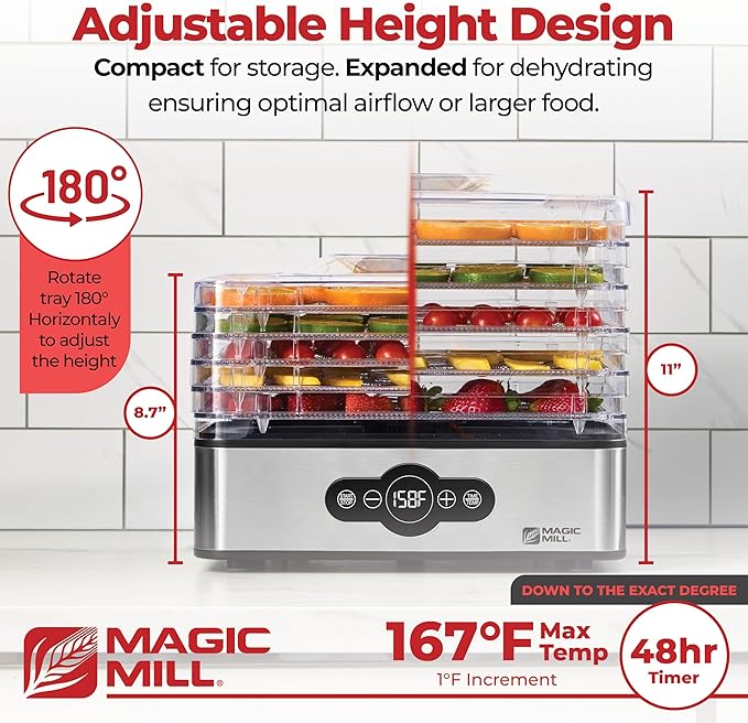 Magic Mill Food Dehydrator Machine | 5 Stackable Stainless Steel Trays, 48H Digital Adjustable Timer & Temperature Control Upto 167° Electric Dryer & Preserver for Jerky, Fruit, Dog Treats & Much More