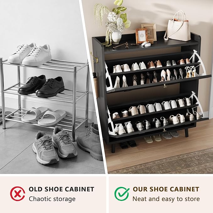 iPormis Shoe Cabinet with 2 Flip Drawers, Slim Shoe Storage Cabinet for Entryway, Narrow Shoe Organizer with Top Shelf, Side Hooks and Metal Legs, Hidden Shoe Rack for Hallway, Black