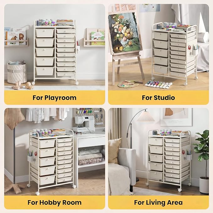 DREAMADE 15-Drawer Rolling Storage Cart, Craft Organizer Cart, White | Mobile Utility Cart with Metal Pegboard Panels, Tabletop and Lockable Wheels for Classroom, Office, Studio and Playroom