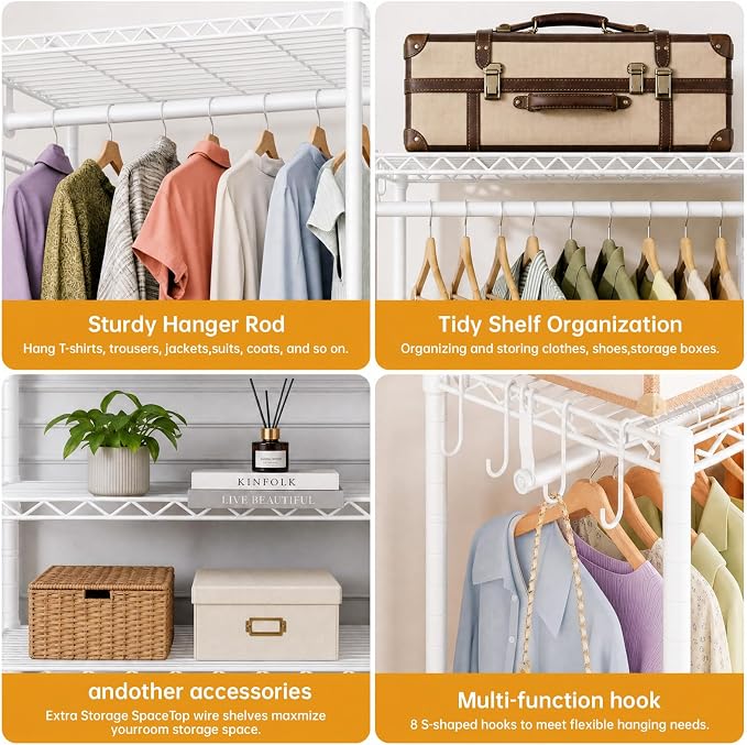 Kryonix 900lbs Expandable Garment Rack - White | Adjustable 70"-88.2" wide with 5 rods & 6 shelves. 900lbs cap. Freestanding metal closet organizer for bedroom laundry.