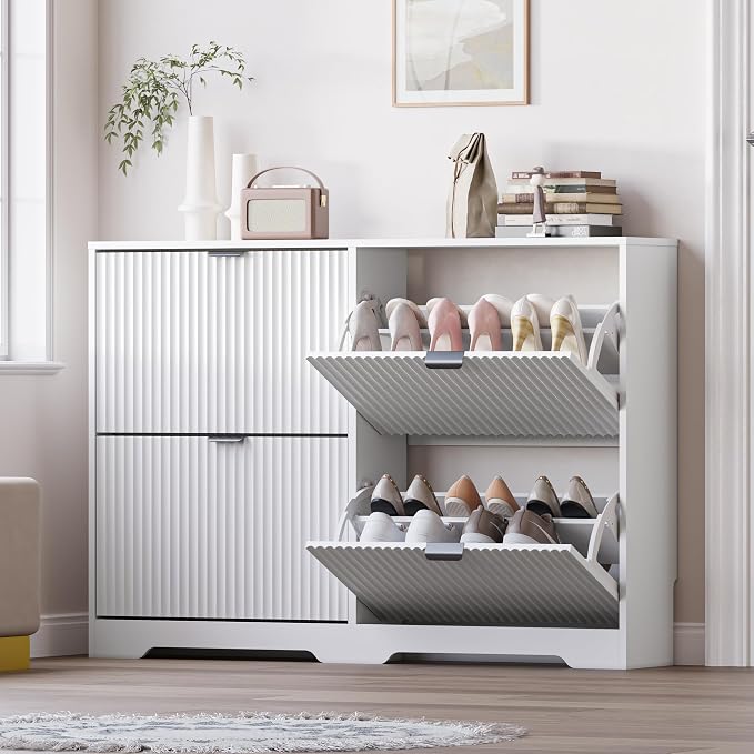 BORNOON Large Shoe Cabinet for Entryway, Shoe Rack Cabinet with 4 Flip Drawer and Adjustable Shelves for Small Apartment, Foyer