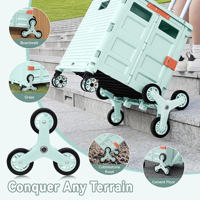 Foldable Utility Cart Portable Crate Rolling Dolly with Telescopic Handle,Can be Pulled diagonally, Magnetic Retractable Lid, 360°Swivel Climbing Wheels for Shopping Carrying Groceries Move Green
