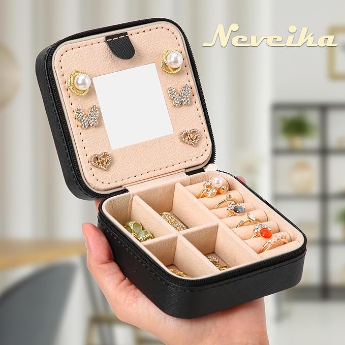 Neveika Jewelry Box with Mirror,Small Jewelry Organizer Box，Travel Jewelry Case for Women，Gift Jewelry Boxes for Female Girls (4pcs mirror black)