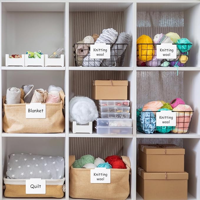 Chinco 24 Pcs Basket Label Clips Set Include 30 Removable Kitchen Clip Label Holder PVC Storage Bin with 2 Chalk Markers for Basket Kitchen Pantry Organization (White Clip,Black Pen)