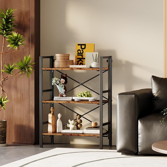 Homeiju Folding Bookshelf No Assembly, 3 Tier Bookcase Foldable Shelf with X-Bracket Design, Adjustable Feet, Space Saving Storage for Living Room, Office (Rustic Brown)