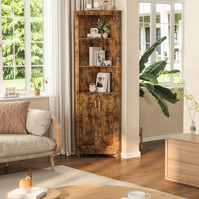 INNOD 69" Tall Corner Shelf with Doors, 6-Tier Corner Storage Cabinet with Doors, Space Saver Shelf for Bathroom, Bathroom Floor Cabinet for Living Room Kitchen, Hallway