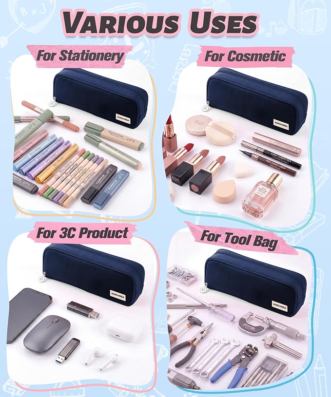 FAHZON Cute Pencil Case, 3 Large Compartments Pencil Pouch, Elastic Pen Slots&Mesh Pockets for Stationery, Pencil Bag for School Supplies with Zipper for Girls Boy Women Teens Adults-NavyBlue