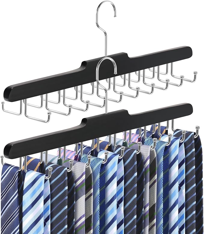 2PC Tie Rack Hanger for Closet,Upgraded Tie Holder Organizer for Men, Black | Non Slip Neck Tie Organizer with 20 Foldable Hooks, Belt Hanger Space Saving, Fits for Tank Tops Bras Cami Scarves