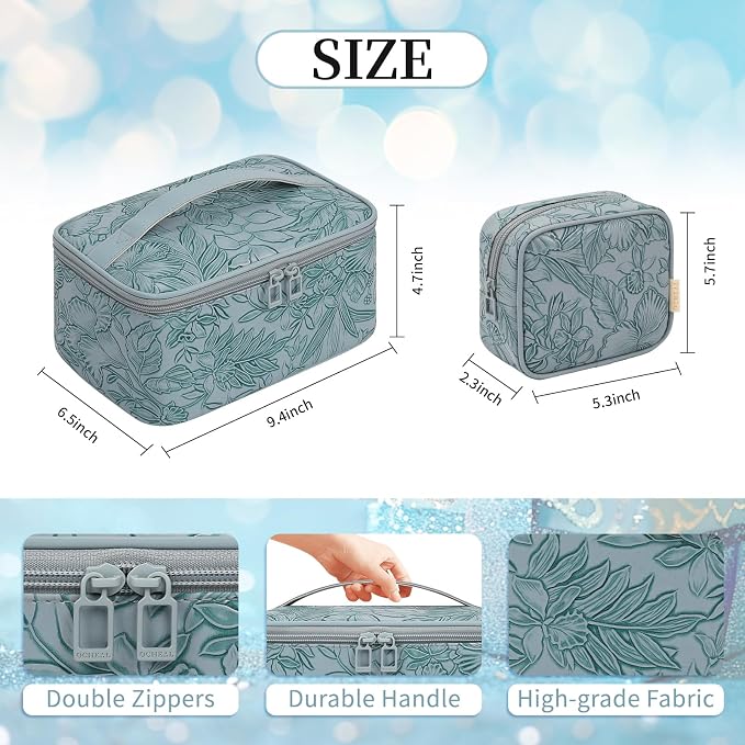 OCHEAL Makeup Bag Set, Portable Travel Makeup Bags Cosmetic Organizer Bag for Women Cute Floral Cosmetic Pouch Large Capacity Make up Bag PU Leather Toiletry Bags with Divider and Handle-Blue