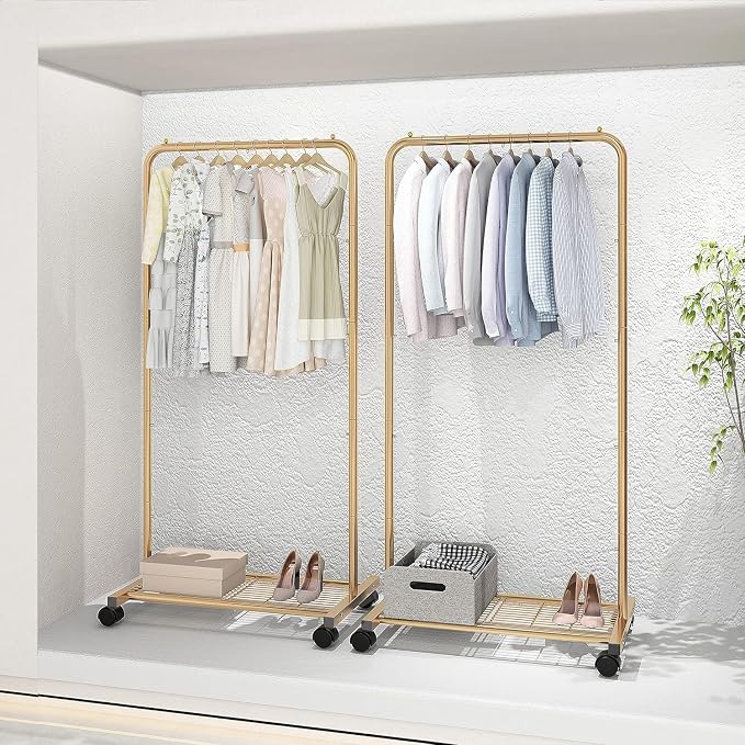 Simple Trending Clothes Garment Rack, Clothing Rack, Golden Yellow | Commercial Portable Closet with Mesh Storage Shelf, Anti-Slip Stoppers, 360° Wheels, Bedroom, Laundry Room