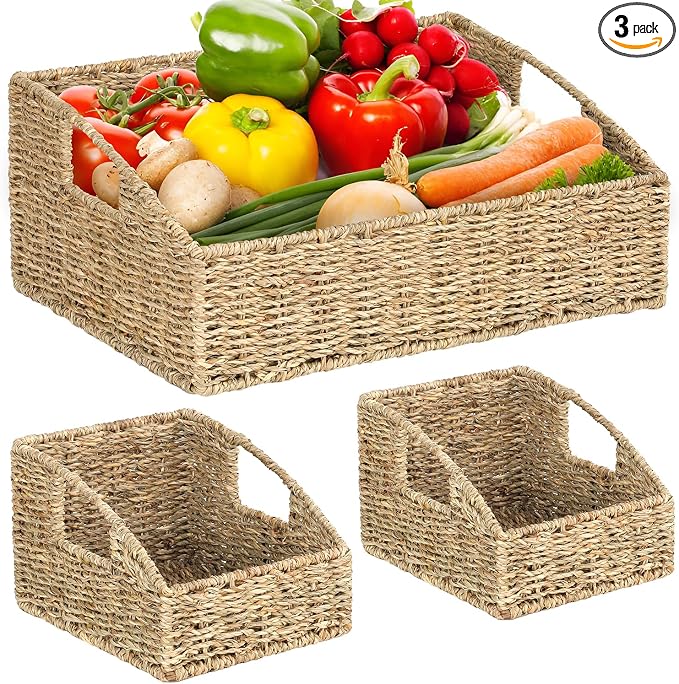 Set of 3 Handwoven Storage Baskets – Decorative Natural Wicker Organizer Bins with Built-in Handles for Bathroom, Kitchen, Pantry, Nursery, Closet, Laundry, Living Room, and Home Use