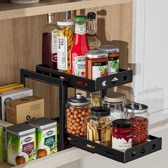 Pull Out Spice Racks for Inside Cabinets, 2 - Tier Cabinet Spice Rack Organizer, Height Adjustable Vertical Spice Rack for Cabinet, Kitchen, Pantry, Cupboard (7.5''Wx10.8''Dx9.2''H, Metal Black)