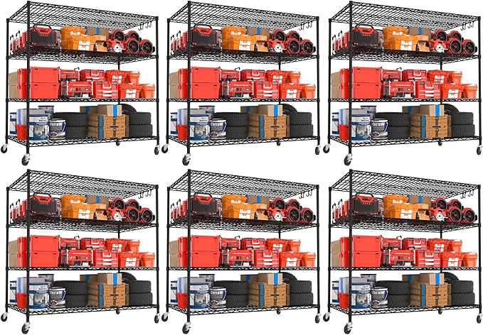 PrimeZone 6 Packs 55.5" W x 24" D x 80" H Heavy Duty Wire Storage Shelves with Wheels, 4 Tier Adjustable NSF Commercial Garage Shelving Unit, Rolling Metal Organizer Shelf Rack for Warehouse, Pantry