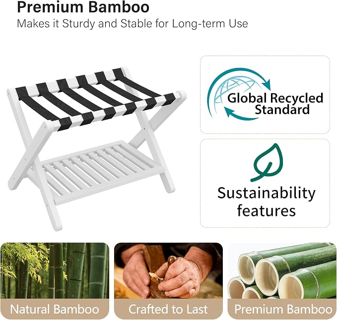 Heybly Luggage Rack for Guest Room,Set of 2, Bamboo Folding Luggage Stand & Suitcase Holder, 5 Heavy-Duty Straps,Holds up to 165 Lbs, Heavy Duty Luggage Rack for Bedroom Hotel, White, HLR013W2