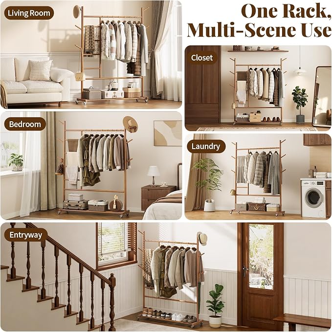 Yoobure Solid Wood Clothing Rack - Rolling Clothes Rack with Wheels, 4-in-1 Coat Rack with Pants Rack & Shelf, Freestanding Clothing Racks for Hanging Clothes, Garment Rack for Closet Bedroom Entryway