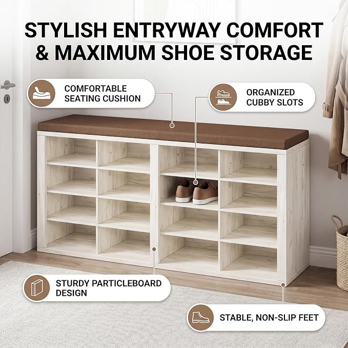 Shoe Storage Bench with Cushion Shoe Rack for Entryway 16 Cubby Multifunctional Organizer Bench Entryway with Soft Sponge Cushion for Hallway Living Room Bedroom (White & Brown)