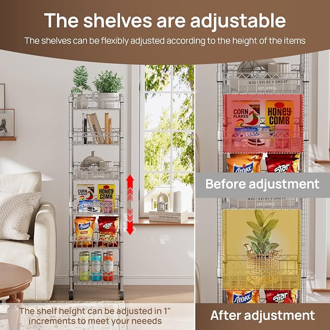 Golpart Basket Shelves Closet Rack with Wheels Metal Pantry Wire Shelf Unit | 6 tier Storage Rolling Shelving Bathroom Organizers Kitchen Garage Laundry Room Organization Home 13.6"Dx13.6"Wx63"H Grey