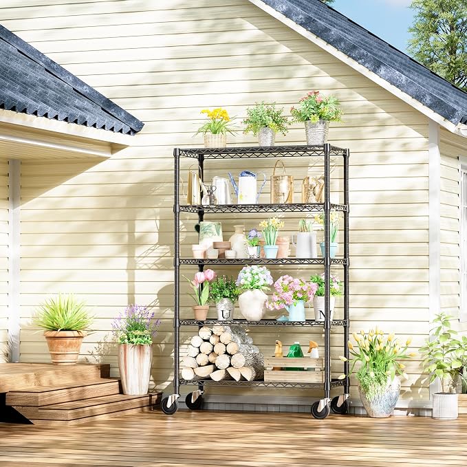 Wire Shelving with Wheels for Garage, 48” Heavy Duty Utility Storage Shelf | 5-Tier 1750 lbs Metal Shelves, 17.7" D x 47.2" W x 76.7" H Adjustable Black Garage Shelving for Kitchen, Laundry and Basement