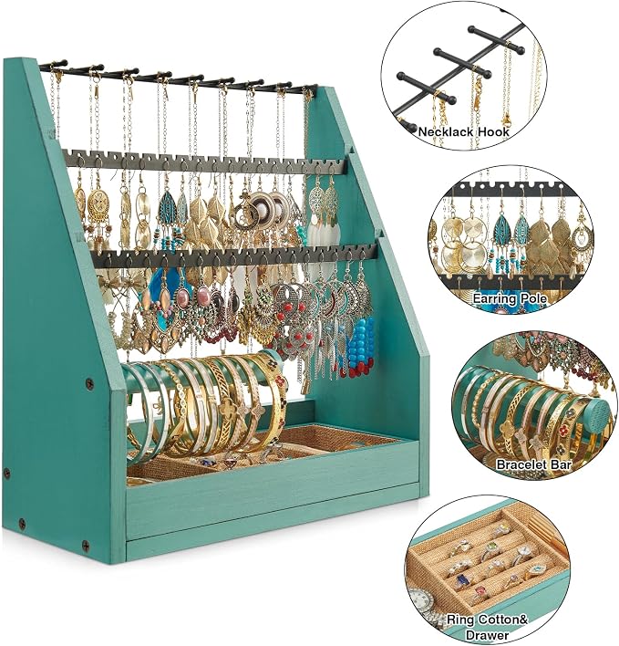 DGWJSU Jewelry Organizer Stand, 5 Layer Earring Holder Organizer with Necklace Holder, Rustic Wood Earring Organizer Display for Stud Earring Bracelet Necklace Ring, Watches