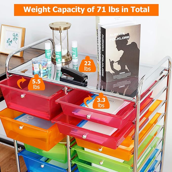 HAPPYGRILL 15-Drawer Rolling Cart, Storage Carts with Removable Drawers & Steel Frame, Utility Cart on Lockable Wheels for Home, School, Office,Colorful