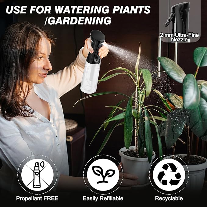 Continuous Spray Bottle for Hair (10.1oz/300ml) 2 Pack Home Essentials | Empty Plastic Ultra Fine Mist Misting Water Mister Spray Bottles for Cleaning Hairstyling Barber Curly Hair Garden Plants