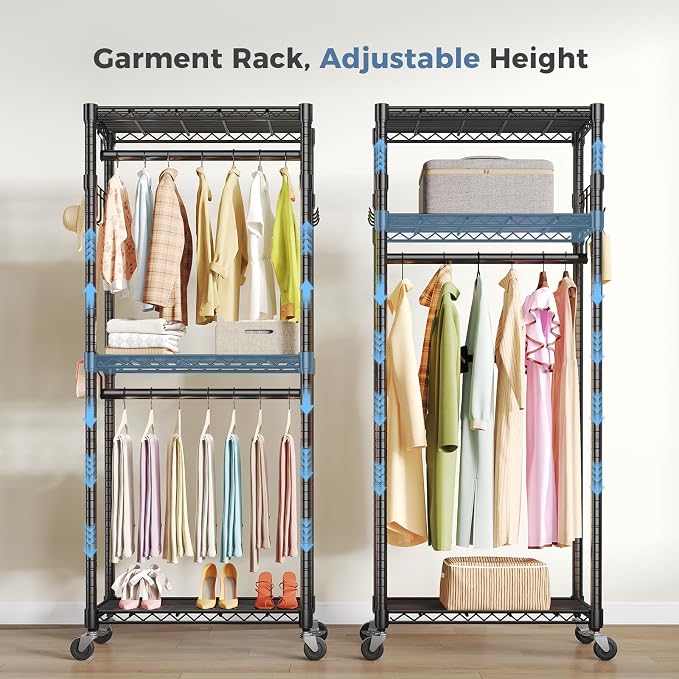 OLIXIS Clothes Rack Heavy Duty Adjustable Garment Clothing Rack with Wheels, Rolling Metal Freestanding Closet Organizer for Hanging Clothes with 2 Side Hooks, Double Rods, 29.5"x15.7"x75.6", Black