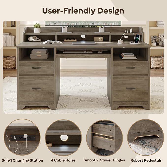 Bestier 59" Executive Desk with Charging Station & Monitor Stand, Grey | Farmhouse Wood Computer Desk with Drawers, Home Office Desk with Keyboard Tray, Sturdy Pedestal Desk for Work Study