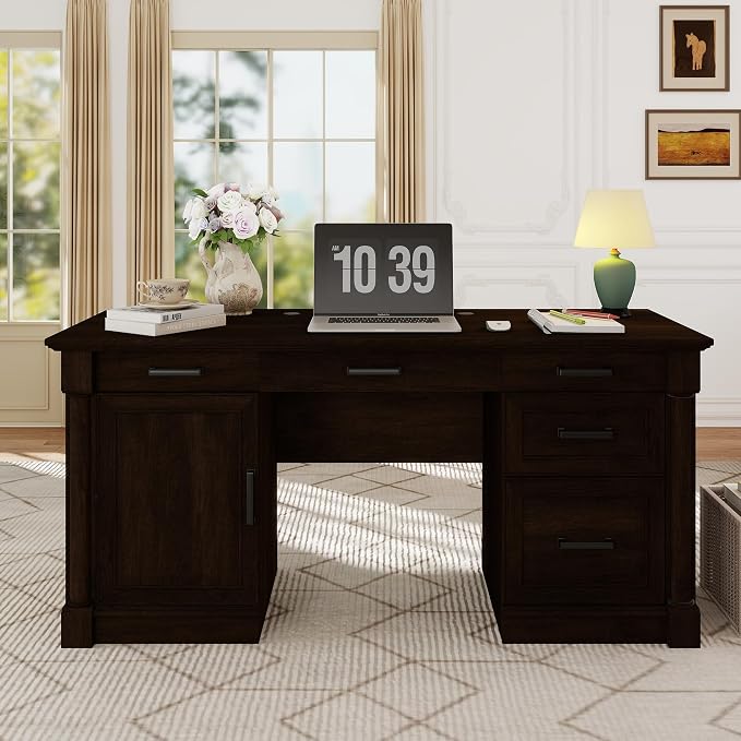 blini Large Farmhouse Executive Desk with Drawers，Wood Computer Desk，Embossed Texture Home Office Desk with File Cabinet Storage, Cable Management, Keyboard Tray，Working Table for Work Study Writing