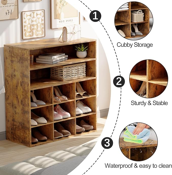 9-Cubby Shoe Rack, Wood Shoe Organizer Bench for Entryway Hallway Closet | Wood